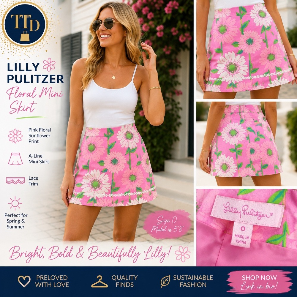 Lilly Pulitzer Pink Floral Sunflower Mini Skirt Lace Trim A-Line Womens